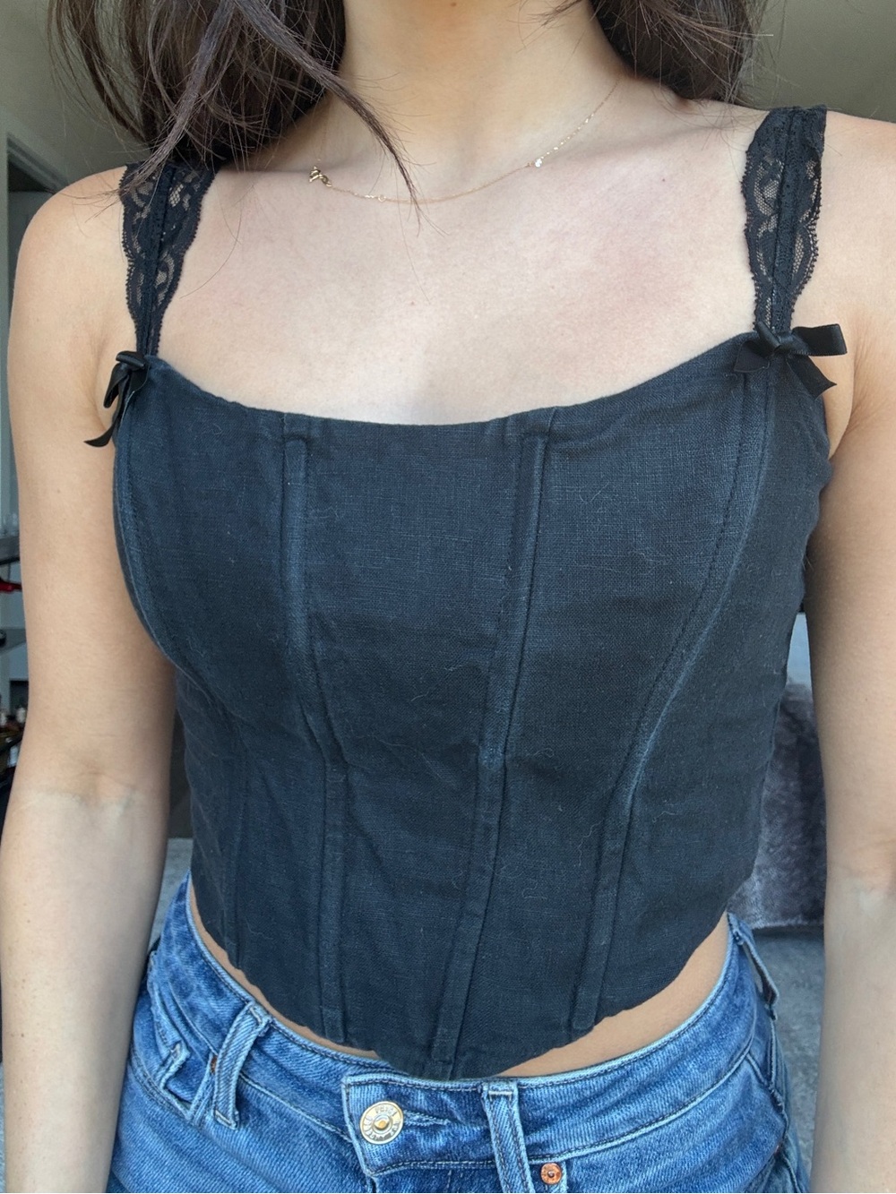 Reformation Black Lace-Trim Corset Camisole